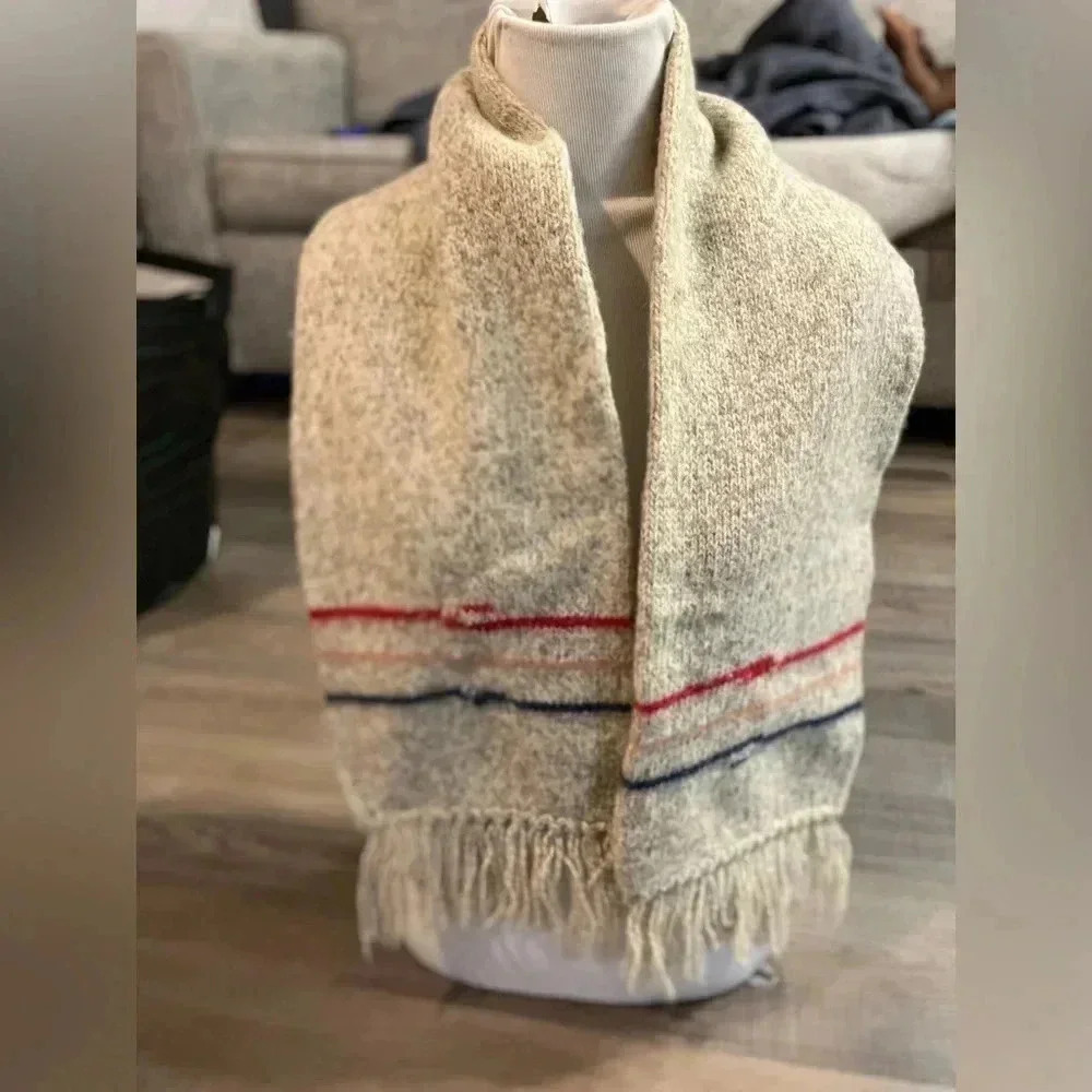 Cream and Red striped Wool Scarf